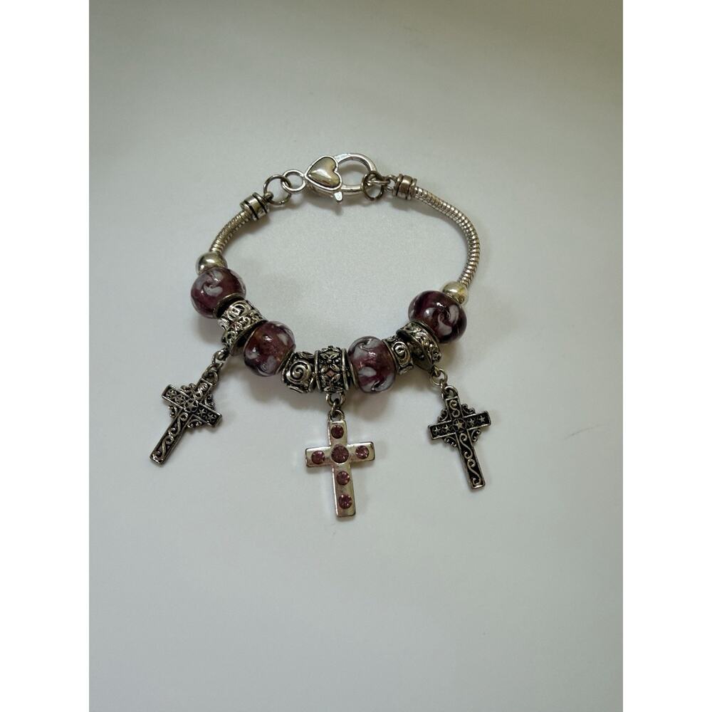 CROSS FAITH DANGLE CHARM BRACELET PURPLE‎ SILVERTONE CHUNKY 8” Y2K